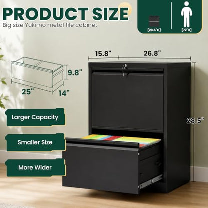 2 Drawer Lateral File Cabinet, 26.8"W Filing Cabinet for Home Office, Black | Heavy-Duty Steel Locking File Cabinet, Hanging Letter/Legal/A4 Size, Full-Extension Drawer, Assembly Required - color: Black, size: 2 Drawers (26.77 in Width)