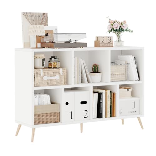 7-Cube Storage Organizer with Natural Wood Legs, Mid-Century Modern Bookcase and Display Cabinet, Freestanding Toy Storage Bookshelf for Living Room, Kids Room and Bedroom, White - color: White, size: 7-Cube
