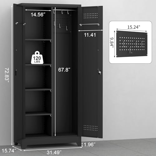 Metal Utility Closet,Broom Closet Storage Cabinet with Doors and Shelves,Locking Storage Cabinets for Home Office,Gym,Laundry,Black - size: 72"H x 31.5"W x 15.74"D-Black