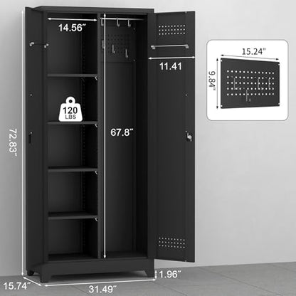 Metal Utility Closet,Broom Closet Storage Cabinet with Doors and Shelves,Locking Storage Cabinets for Home Office,Gym,Laundry,Black - size: 72"H x 31.5"W x 15.74"D-Black
