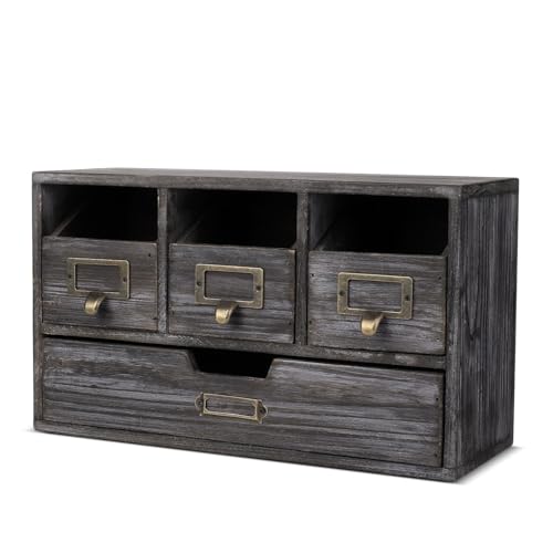 Flexzion Apothecary Cabinet with 4 Drawers - Vintage Rustic Wood Desktop Organizer for Home & Office Supplies - Tabletop Wooden Storage for Catalog, Card, Jewelry, Makeup, Craft & Tools - color: Dark Torched Wood, size: 4 Drawers