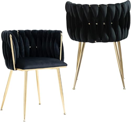NIOIIKIT Modern Velvet Dining Chairs Hand Weaving Accent Chairs Living Room Chairs Upholstered Side Chair with Golden Metal Legs for Dining Room Kitchen Vanity Living Room (Black) - color: Black