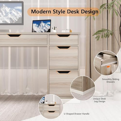 Computer Desk with 7 Drawers, Home Office Desk with Storage, Light Walnut | 54 Inch Writing Desk with 7 Drawers for Small Spaces, Study Desk for Bedroom