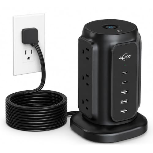 AiJoy 10FT Flat Plug Power Strip Tower with 9 AC Outlets and 5 USB Ports - color: Black-10FT