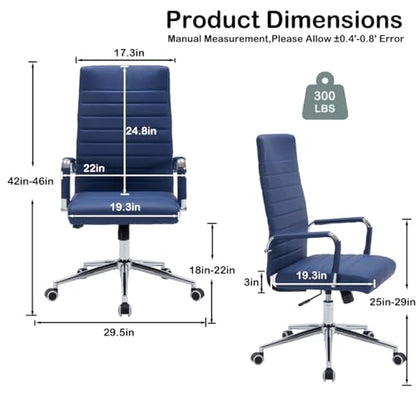 Navy Blue Leather Ribbed Office High-Back Desk Conference Chair with Wheels | Ergonomic High-Back Executive Chairs with Wheels Adjustable Swivel Computer Task Desk Chair with Arms and Thick Padded Seat - color: Blue, size: High Back
