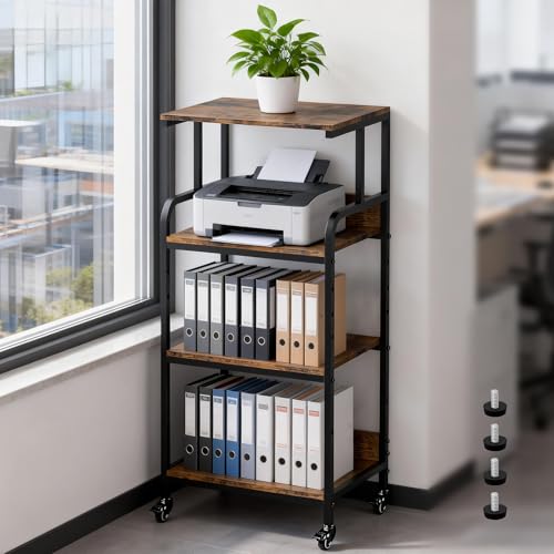 Rustic Brown 4 Tier Adjustable Mobile Printer Stand Rolling Cart | Tall space saving design for small home office holds scanner cricut heat press fax machine and various desktop equipment - color: 4-Tier Rustic Brown