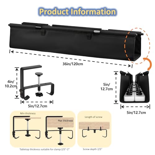36" Under Desk Cable Management Tray - No Drill Oxford Cloth Cord Organizer with Clamp & Screw Mount - Large Capacity Fabric Cable Holder for Home Office, Gaming Desk & Standing Desk (Black)