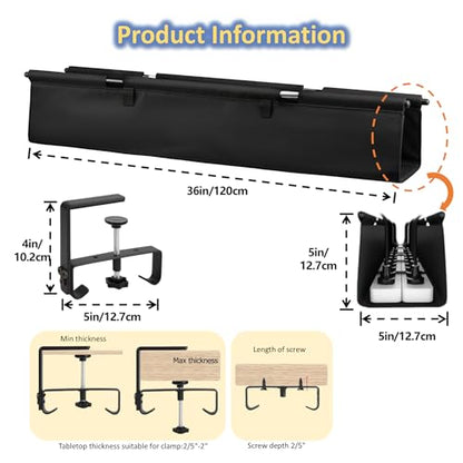 36" Under Desk Cable Management Tray - No Drill Oxford Cloth Cord Organizer with Clamp & Screw Mount - Large Capacity Fabric Cable Holder for Home Office, Gaming Desk & Standing Desk (Black)