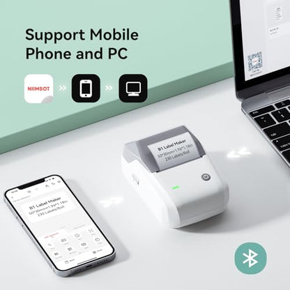 NIIMBOT B1 Label Maker Machine with Tape for Home and School, Gray White | 2 Inch Portable Label Printer Bluetooth Thermal Sticker Printer for Small Business Labeling, Compatible with Phones & PC - color: Gray White, style: Printer+Tape