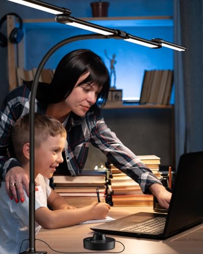 Desk Lamp Clamp Light 24W, Ultra Wide 4 Head Bars, 5 Color Modes Dimming, Multi-Screen Setup for Office, Architect, Black, Aluminum, Adapter Included - size: 4-Head Curved Gooseneck Desk Lamp
