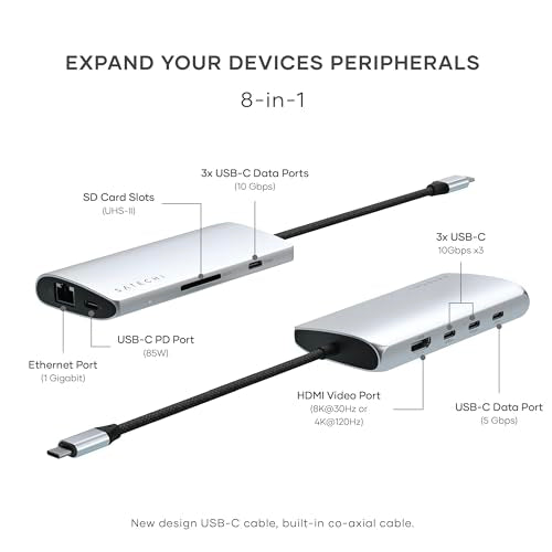 Satechi 8-in-1 USB-C Hub V3, 8K HDMI, 100W Charging, Ethernet, Silver - color: Silver, size: V3