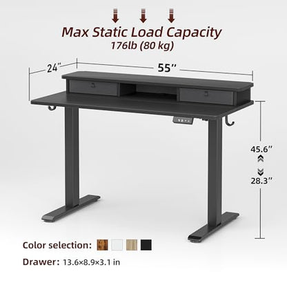 TIQLAB Standing Desk with Two Drawers, Stand Up Standing Desk Adjustable Height, Electric Sit Stand Table with Storage Shelf and Splice Board, 48 * 24 inch, Black - color: Black, size: 47*24 inch without keyboard tray