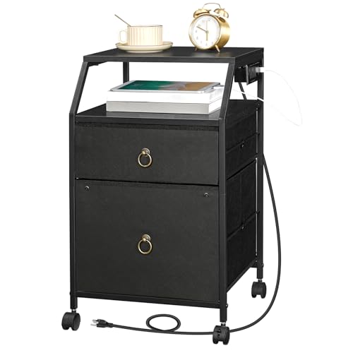 HOOBRO 2-Drawer Mobile File Cabinet, Filing Cabinet with Charging Station, Rolling Printer Stand with Open Storage Shelf, fits A4/Letter-Size for Home Office, Nonwovens Drawer, Black BB10UWJ01