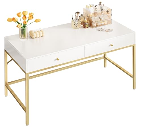 SUPERJARE White and Gold Vanity Desk with Drawers, 47 inch Computer Desk - color: White and Gold, size: 47 inch