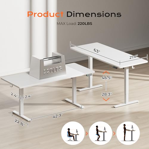 Huuger 63 x 28 Large Electric Standing Desk, Height Adjustable Computer Desk, 27.6" Deep Desktop, Stand up Gaming Office Table with 2 Hooks, 3 Preset Heights, for Home Office, White - color: White, size: 63*28 inch (no outlets)