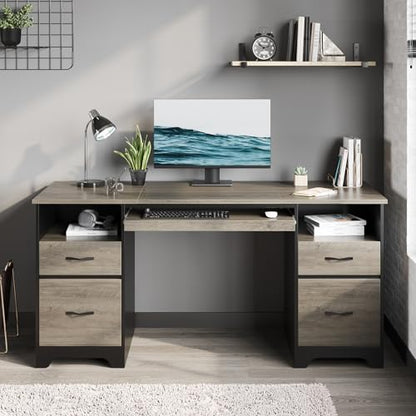 Bestier 59 Inch Office Desk with 4 Drawers, Computer Desk with Storage, Executive Desk with File Drawer, Keyboard Tray & 2 Pedestals on Both Sides for Home Office, Studio, Grey&Black - color: Grey&black