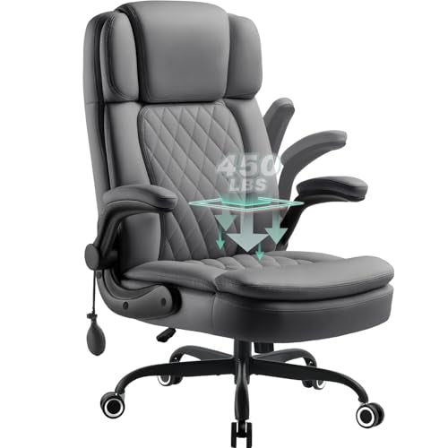 450 LBS Big and Tall Executive Office Chair with Flip up Arm, Heavy Duty Leather Computer Desk Chair,Comfortable High Back Swivel Home Office Chair with Rolling for Adults (Gray) - color: Grey