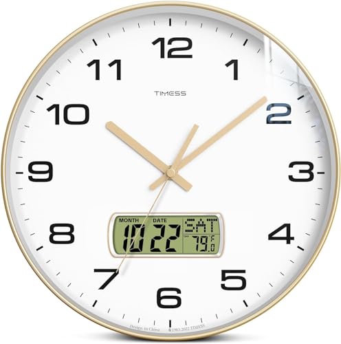 13-Inch Non-Ticking Analog Wall Clock with LCD Display, Gold | Perpetual calendar, Fahrenheit temperature, easy-to-read analog dial, battery operated, ideal for bedroom, kitchen, or office - color: Gold, size: 13 Inch