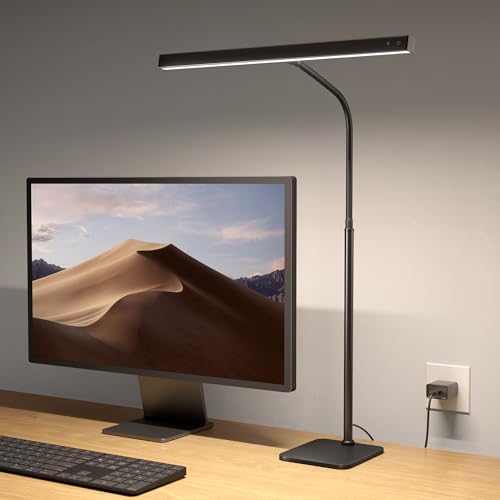 SUPERDANNY LED Desk Lamp for Home Office, Eye-Caring Desk Light with Base | Black, 12W Touch Control 3 Colors Dimmable Brightness, 360° Gooseneck, USB Adapter, for Computer Monitor Reading Workbench - color: Black, size: Stable Base