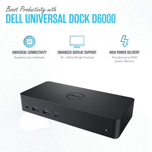 D6000 Dell Docking Station Dual Monitor with USB 3.0 & USB C - Universal Dock with 130W & HDMI Cable (Renewed)