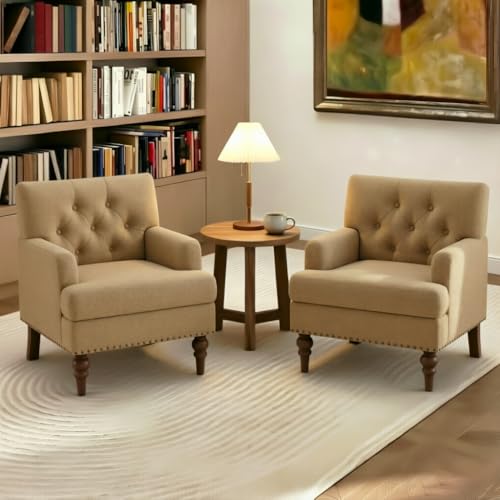 MALOL Modern Accent Chairs Set of 2 for Living Room, Comfy Bedroom Reading Armchair, Upholstered Single Sofa Chair with Thick Cushion &Wood Legs for Small Spaces, Brown - color: Brown, size: Set of 2