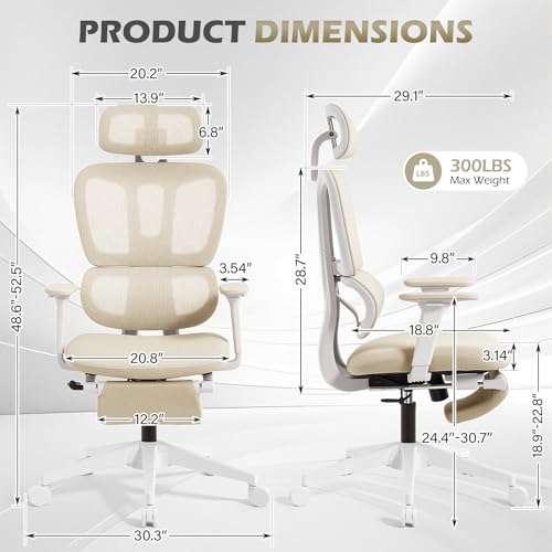Ergonomic Office Chair with Footrest and Dynamic Lumbar Support, Cream - color: Beige