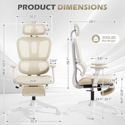 Ergonomic Office Chair with Footrest and Dynamic Lumbar Support, Cream - color: Beige
