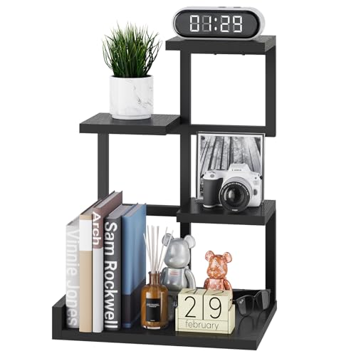 YMYNY 4 Tier Desktop Shelf Organizer 12.2x9.45x17.52 Black HSR007B | Storage Display Rack, Desk Shelf Organizer Small Bookshelf with Metal Frame for Office, Books, Plants - color: Black