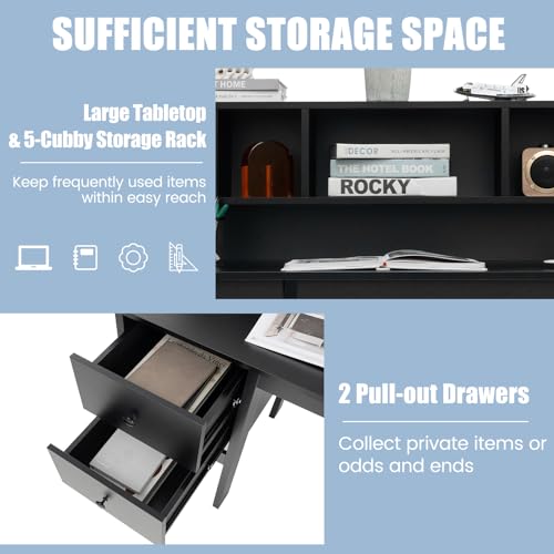 COSTWAY Writing Desk with USB Charging Ports & Power Outlets, 48" Computer Desk with Drawers & 5-Cubby Hutch, Study Table Computer Work Station for Home Office (Black) - color: Black