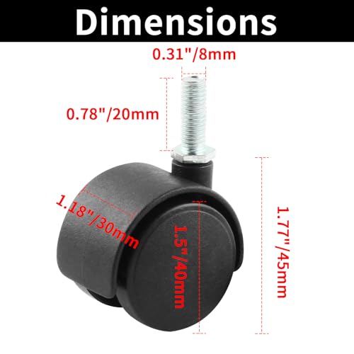 HOWDIA 1.5 Inch Swivel Caster Wheels for Cart, M8-1.25×20mm Threaded Stem Heavy Duty Casters, Nylon Wheels Replacement for Furniture, Table, Cabinet, Shelf（No Brake, 4 Pack） - style: M8 - 1.25×20mm Threaded Stem No Brake