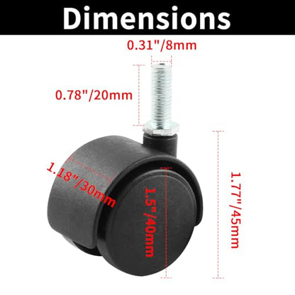 HOWDIA 1.5 Inch Swivel Caster Wheels for Cart, M8-1.25×20mm Threaded Stem Heavy Duty Casters, Nylon Wheels Replacement for Furniture, Table, Cabinet, Shelf（No Brake, 4 Pack） - style: M8 - 1.25×20mm Threaded Stem No Brake