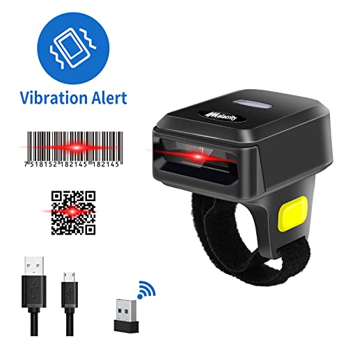 2D Wireless Ring Barcode Scanner,Portable Bluetooth Wearable Finger 1D 2D Mini Bar Code Reader Scanner Suppot Screen Scanning with Bluetooth & 2.4GHz Wireless & Wired Connection Scanner