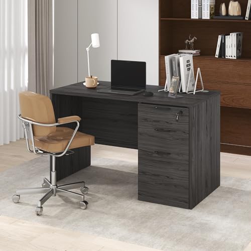Furinno Roger 47 Inch Executive Desk with File Cabinet, Home Office Desk with 3-Drawer Fixed Pedestal Filing Cabinet, Desk Cord Grommet, for Home Office, Coastal Grey - color: Coastal Grey, size: 47" Wide, with File Cabinet