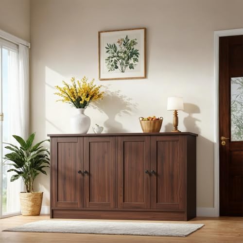 holzart Rustic Brown Buffet Cabinet with Storage, 49" Farmhouse Kitchen Sideboard with 4 Doors, Industrial Coffee Bar Cabinet & Console Table for Dining Room, Living Room - color: Brown, size: 4 Doors