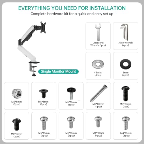 MT-VIKI Single Monitor Arm for 17"-32" Monitors, Gas Spring Adjustable Desk Mount, Quick Release VESA Plate, Full Motion with Cable Management, Clamp & Grommet Base, Supports 4.4–19.8 lbs, White - size: Single Arm