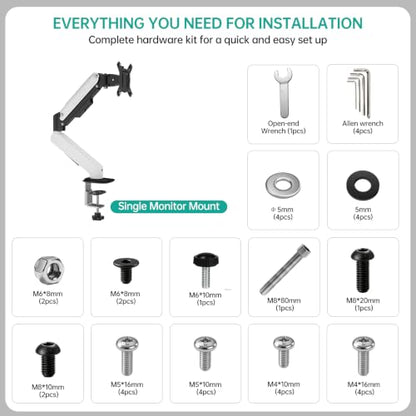 MT-VIKI Single Monitor Arm for 17"-32" Monitors, Gas Spring Adjustable Desk Mount, Quick Release VESA Plate, Full Motion with Cable Management, Clamp & Grommet Base, Supports 4.4–19.8 lbs, White - size: Single Arm