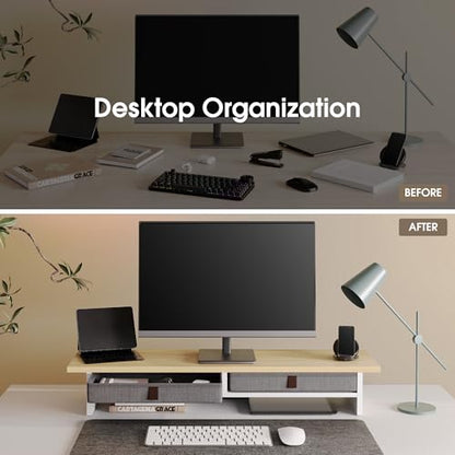 Fenge 35 Inch Monitor Stand with Drawer Storage, Computer Riser for Desk - color: Oak
