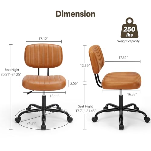 Armless Office Chair, Swivel Rolling PU Leather Vanity Chair with Back Lumbar Support Height Adjustable Computer Chair, Small Desk Chair for Home Office (Brown) - color: Brown