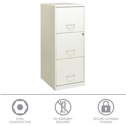 Scranton & Co 18" Deep 3 Drawer Metal Vertical Filing Cabinet, Letter Size, Locking, Home Office, in Pearl White