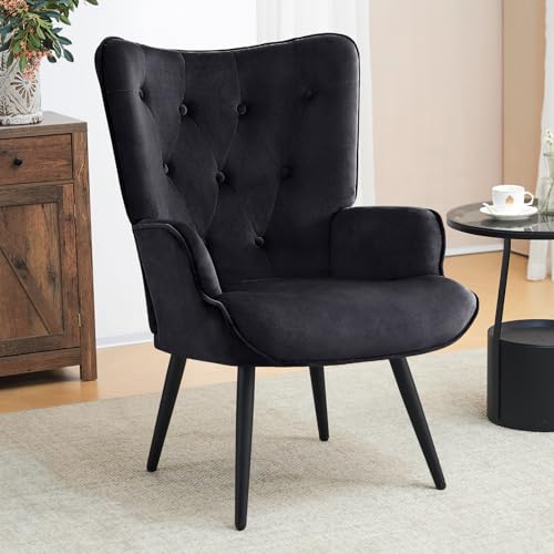 Furniliving Velvet Accent Chair Modern Upholstered Side Armchair with Tapered Legs Tufted Button Wingback Sofa Chairs Tall Back Reading for Living Room Bedroom Waiting Room, Black - color: Black, size: Set of 1