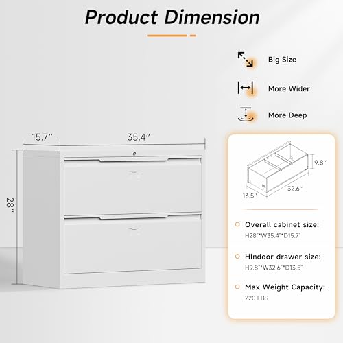 Bestoo 2 Drawer File Cabinet, Metal Lateral Filing Cabinet with Lock - color: White, size: 2 Drawer 15.7" D x 35.4" W x 28" H