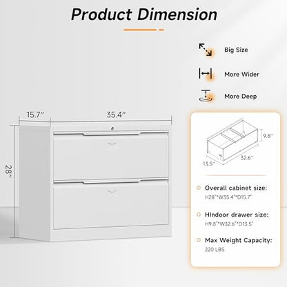 Bestoo 2 Drawer File Cabinet, Metal Lateral Filing Cabinet with Lock - color: White, size: 2 Drawer 15.7" D x 35.4" W x 28" H