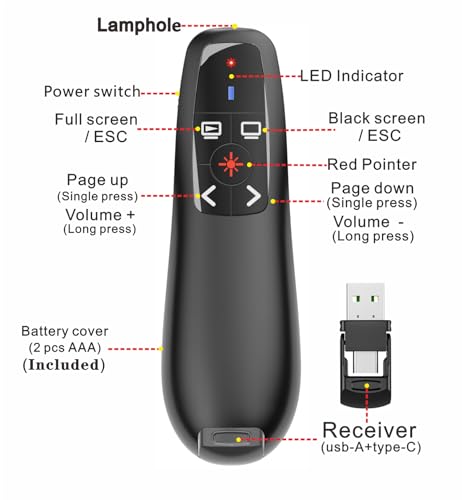 Presentation Clicker with Case Storage, Wireless Presenter Remotes with USB-A&C Receiver,Suitable for Both Desktop Computers and laptops, Mac Keynote,Including Batteries and Storage Bag,LBBYDDLL