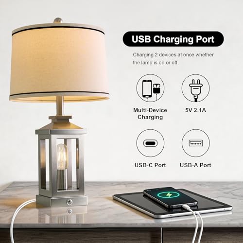 Modern Table Lamps Set of 2 for Living Room 23.75" Bedroom Nightstand Lamps | Touch Lamps with Three-level Dimming Nightlight, Bulbs Included, USB Charging Ports, Silver Modern Bedside Side Table Lamp - color: Metal Silver