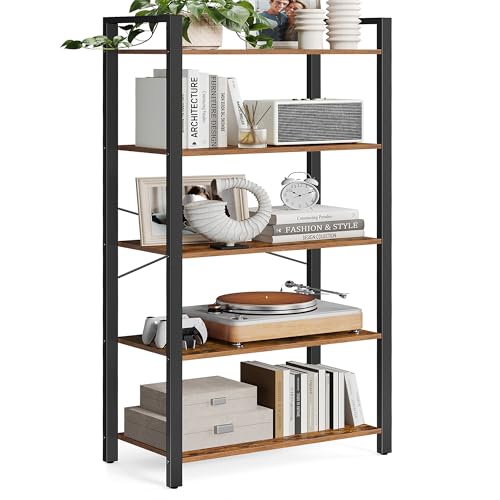 VASAGLE 5-Tier Bookshelf, Bookcase with Steel Frame, Book Shelf for Living Room, Home Office, Study, 11.8 x 26 x 60.2 Inches, Industrial Style, Rustic Brown and Ink Black ULLS061B01 - color: Rustic Brown + Ink Black, size: 5 Tiers (11.8"D x 26"W), style: