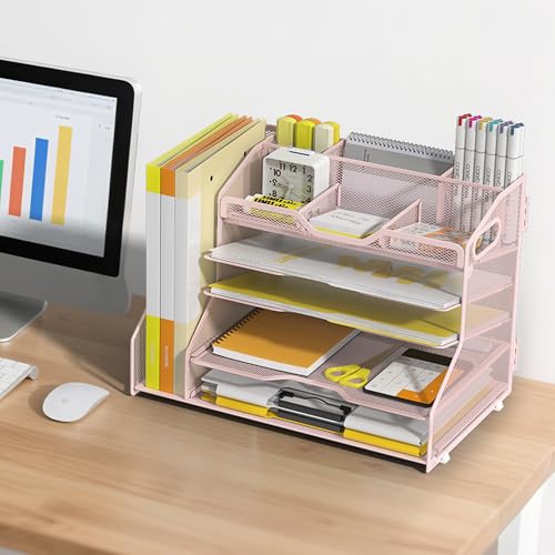 YINGHUA 5-Tier Mesh Desk Organizer and File Holder, Letter Tray - Pink - color: 5 Tier With File Holder-pink