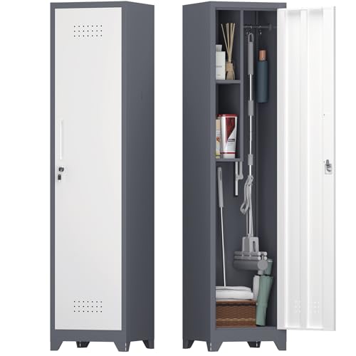Slim Cabinet,Narrow Broom Closet Storage Cabinets with Doors,Narrow Utility Closet with Hanging Rod,Slim Laundry Storage Cabinet for Garage,Living Room,Grey-White - size: 15.75"D x 15.75"W x 64.96"H-Grey/white