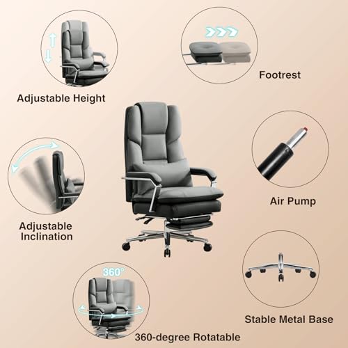 Furniliving Big and Tall Office Chair with Footrest, PU Leather High Back Executive Office Chair with Adjustable Lumbar Support, Wide Seat Reclining Desk Chair with Armrest, Height Adjustment, Grey