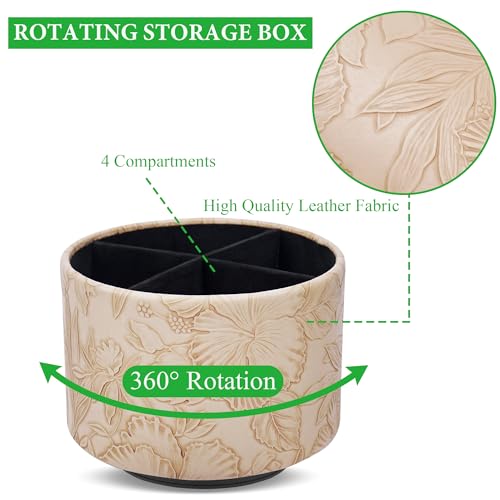 Round Leather Art Supply Organizer,Remote Control Holder,360 Degree Spinning,Multi-Functional Pencil Holder,4 Compartments Desktop Stationary Organizer(1-Carved Light Brown) - color: 1-Carved Light Brown