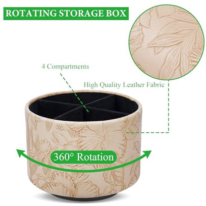 Round Leather Art Supply Organizer,Remote Control Holder,360 Degree Spinning,Multi-Functional Pencil Holder,4 Compartments Desktop Stationary Organizer(1-Carved Light Brown) - color: 1-Carved Light Brown